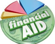 Financial Aid 3d words on a pie chart of money, support, assistance or help for college.